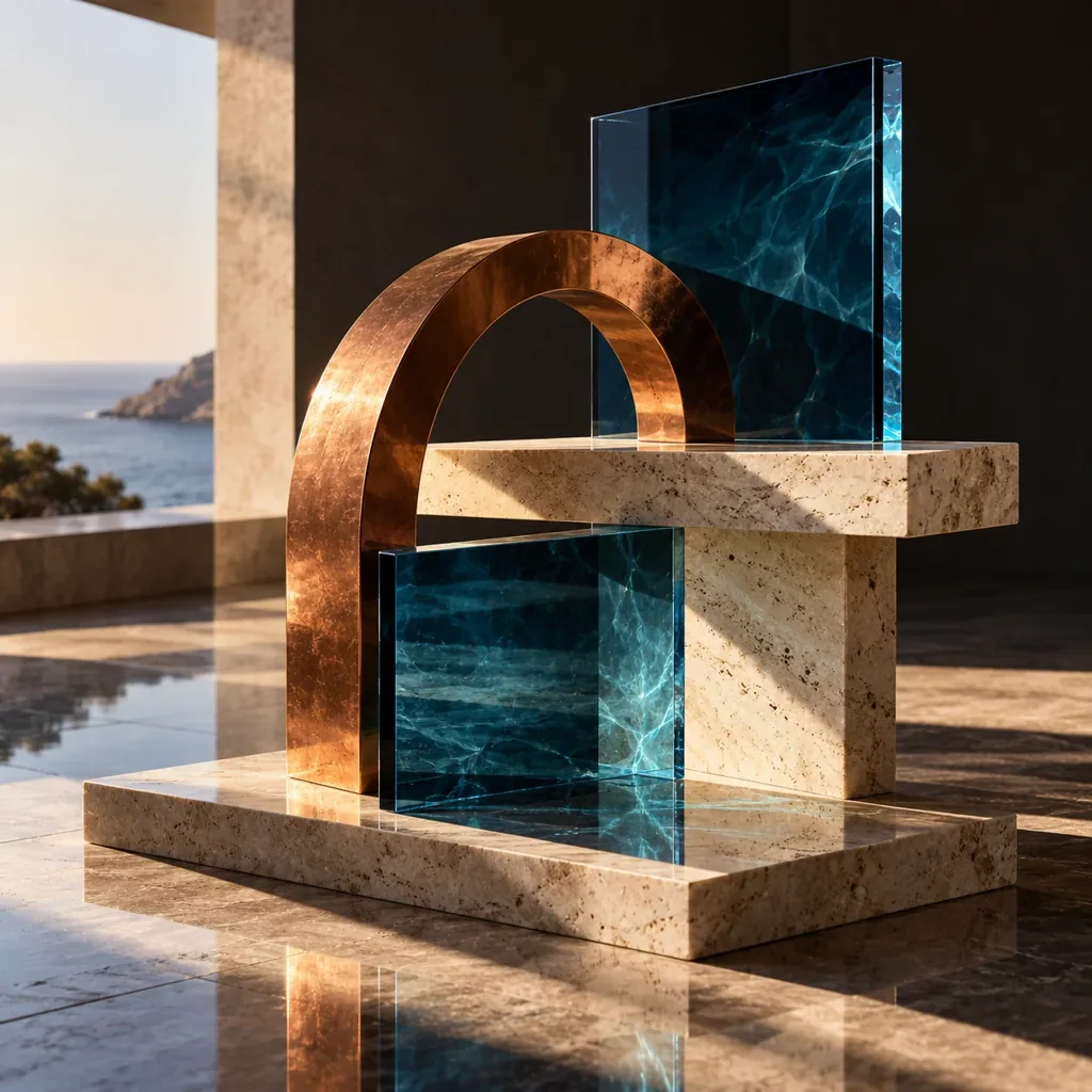 Architecture imaginaire de verre bleu et de cuivre