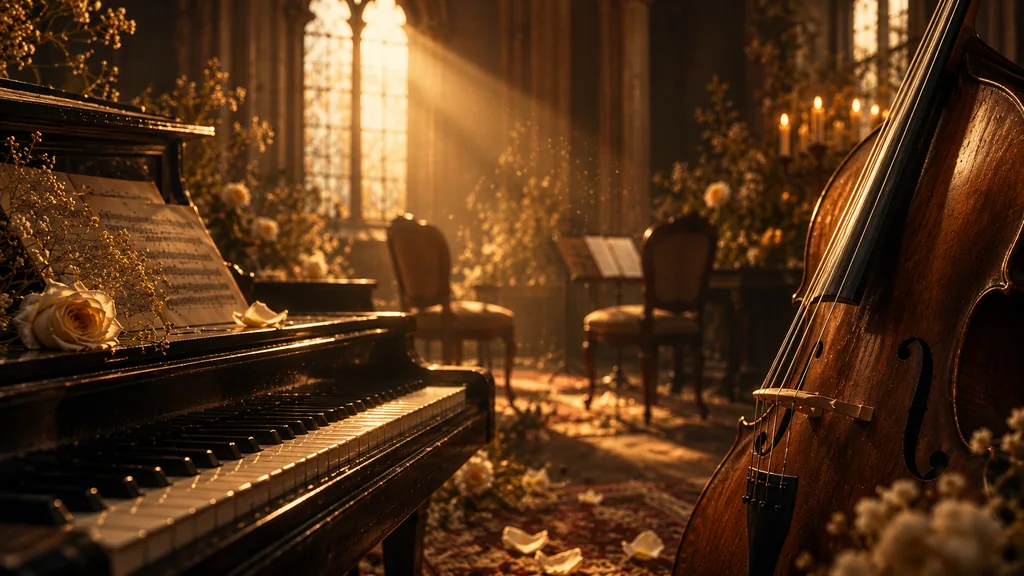 Un piano, un violoncelle et deux sièges dans une lumière douce