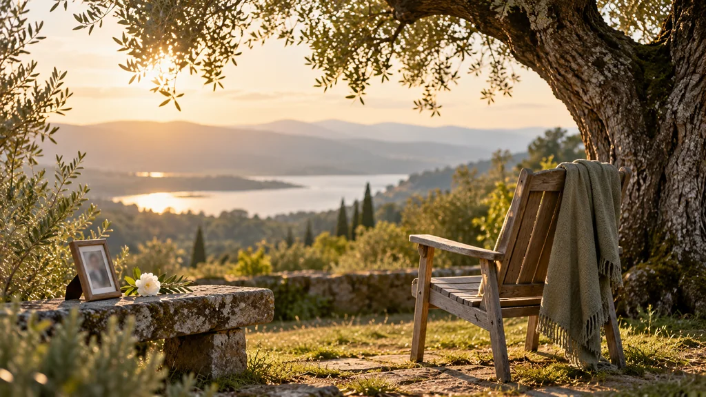 Un fauteuil de jardin vide et une fleur blanche dans la lumière du soir