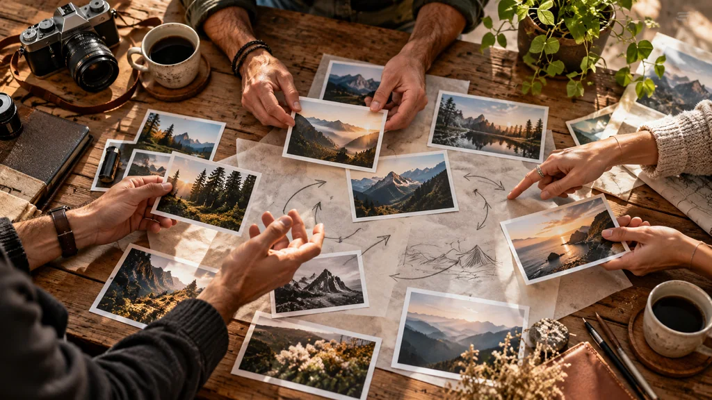 Des mains échangent des idées autour de photographies et de calques