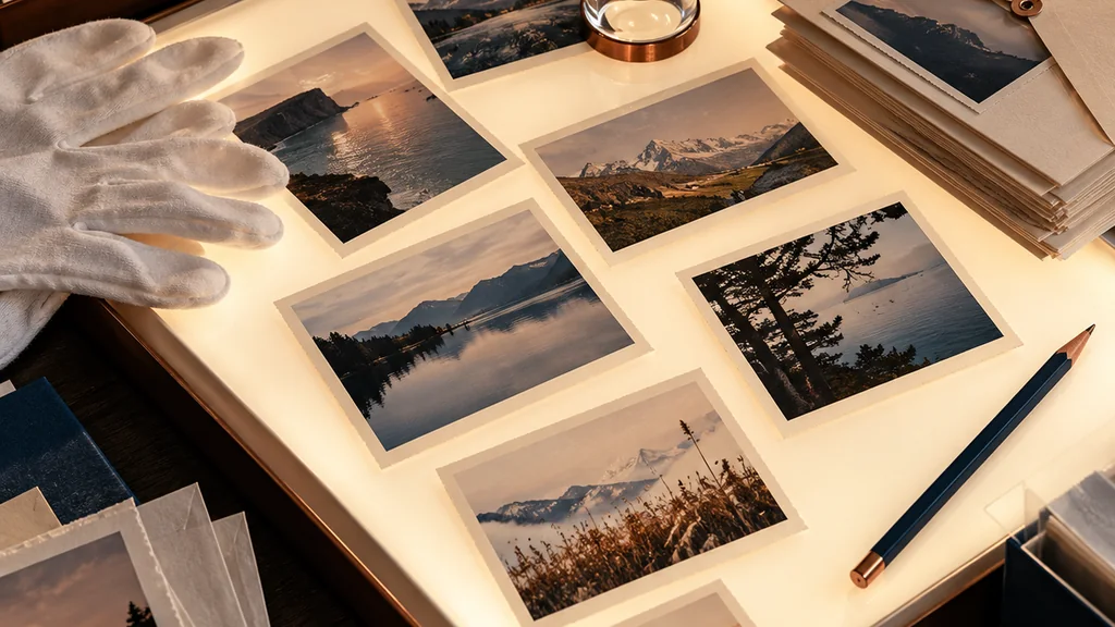 Des photographies triées sur une table lumineuse, prêtes pour le montage