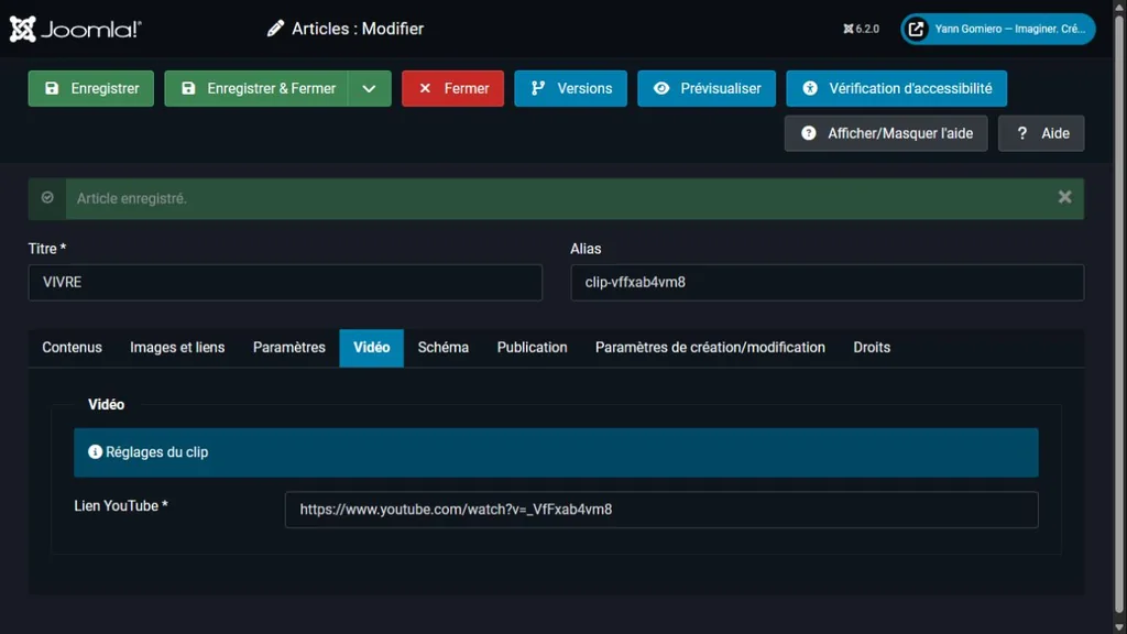 L’édition d’un clip dans l’administration Joomla du site de Yann