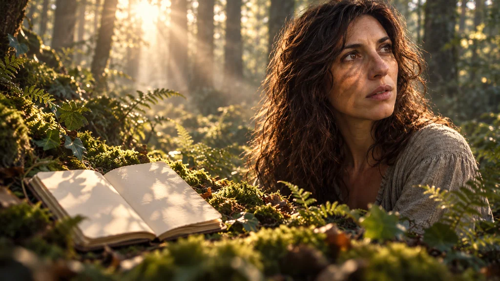 La poésie de VIVRE : une lectrice, un carnet et la lumière de la forêt