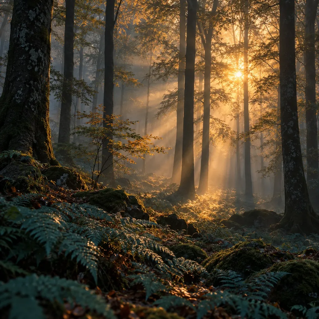 Forêt traversée de rayons de lumière ambrée