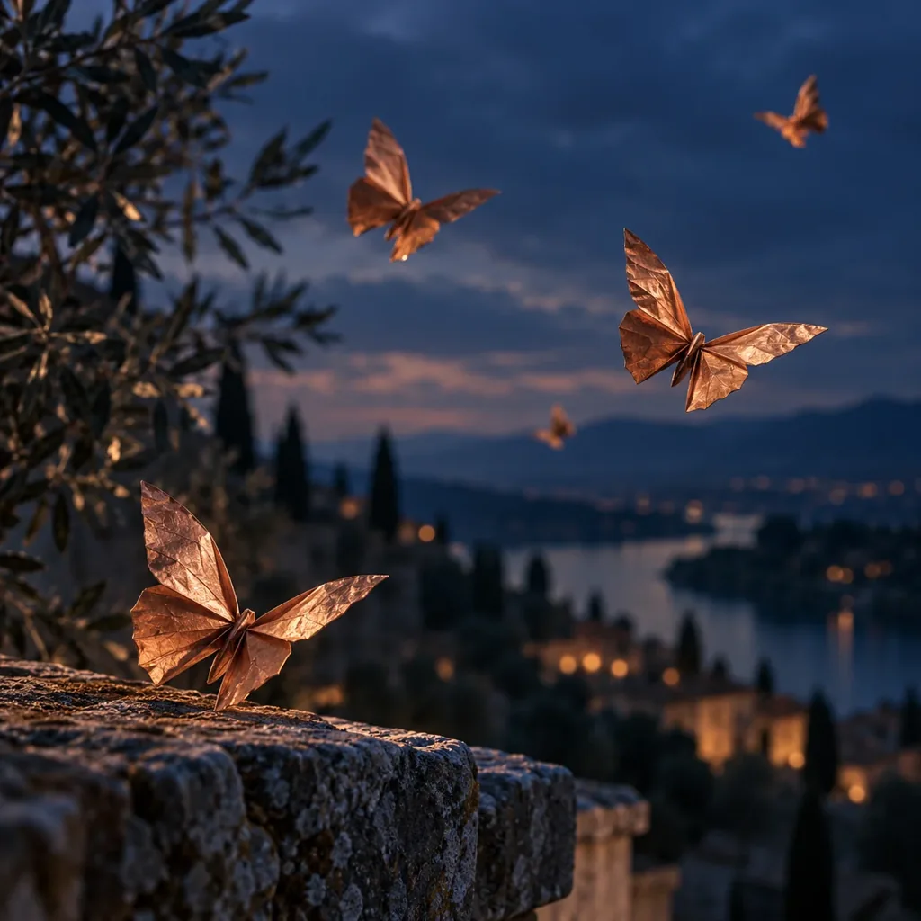 Papillons de papier et de cuivre dans un ciel bleu nuit