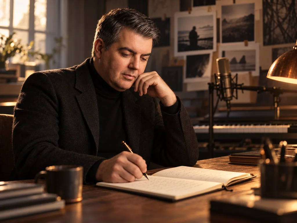 Portrait de création : Yann à son carnet, dans un atelier baigné de lumière chaude